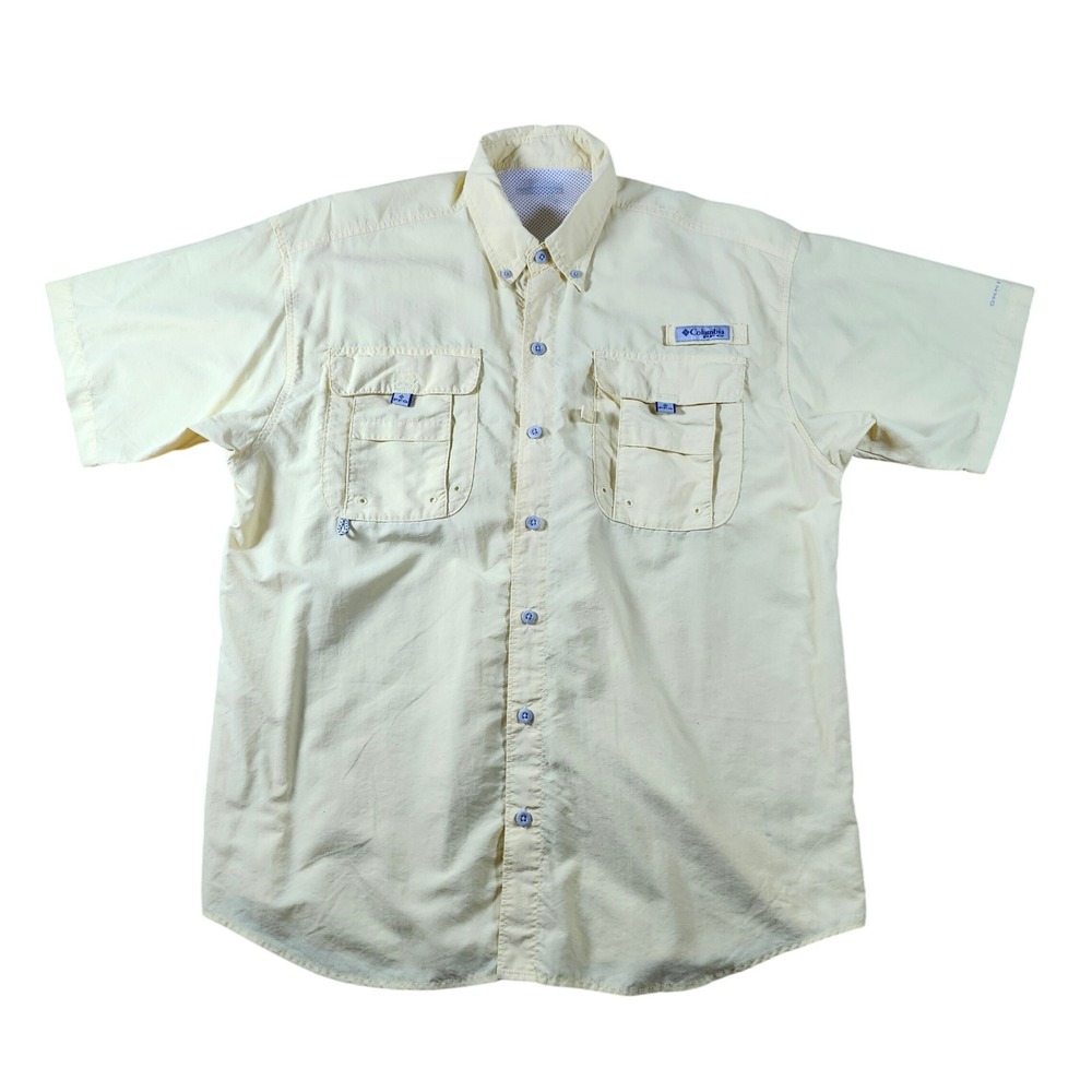 Columbia PFG Fishing Shirt Mens L Yellow Excellent Bahama II Short Sleeve Vented